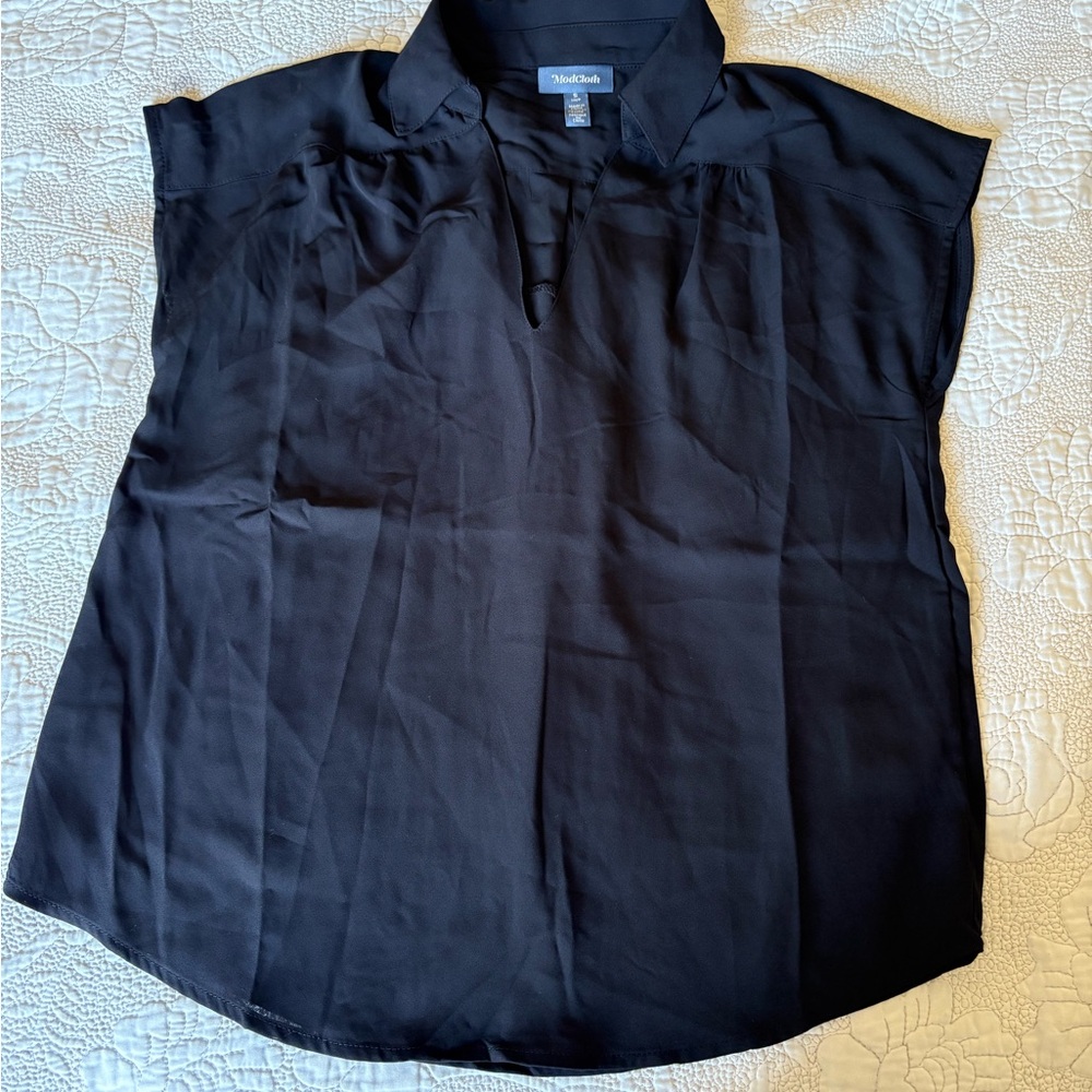 Modcloth Womens Sleeveless Blouse Top Small Black V neck Chiffon Casual